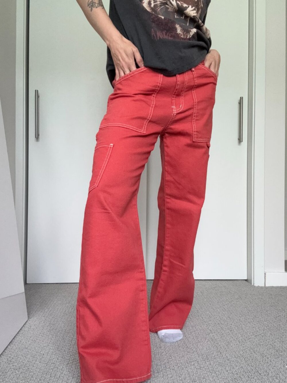 S.O.N.G. Red Carpenter Jeans Contrast Stitch Wide Leg Utility Pants